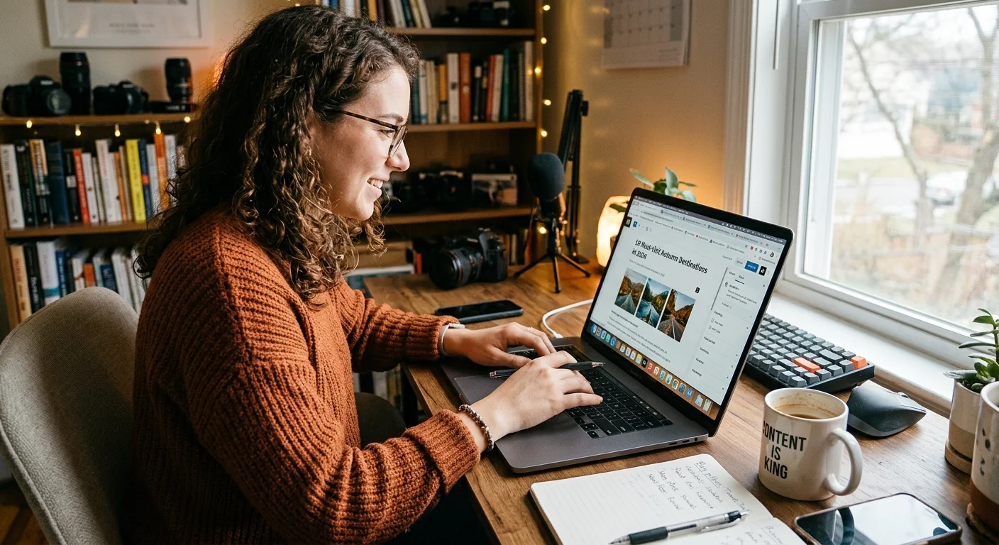 Content creator drafting blog and social media posts on a laptop