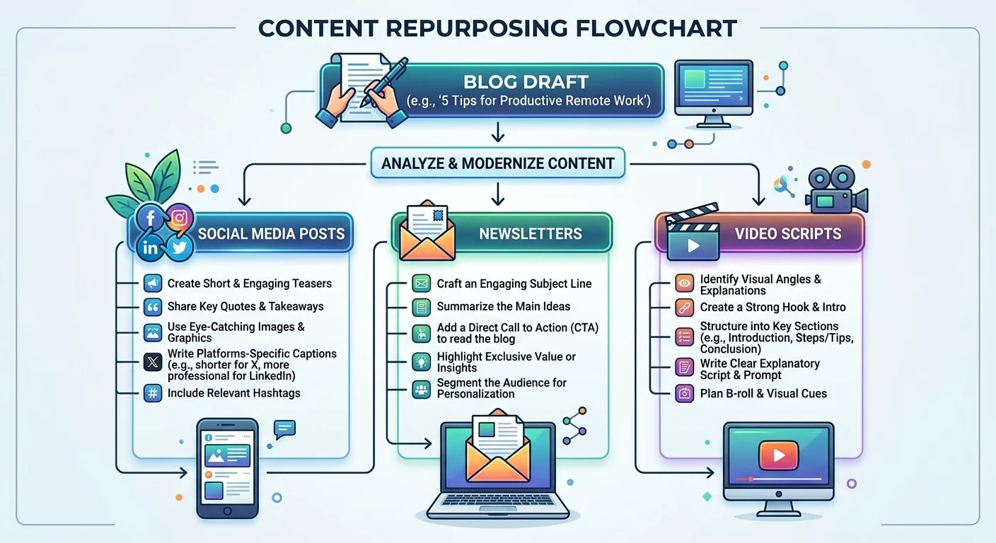 Flowchart of blog draft repurposed into multiple content formats