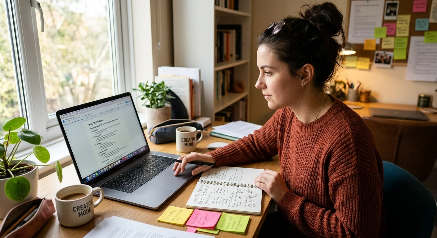 Blog drafting outline workspace with laptop and notes
