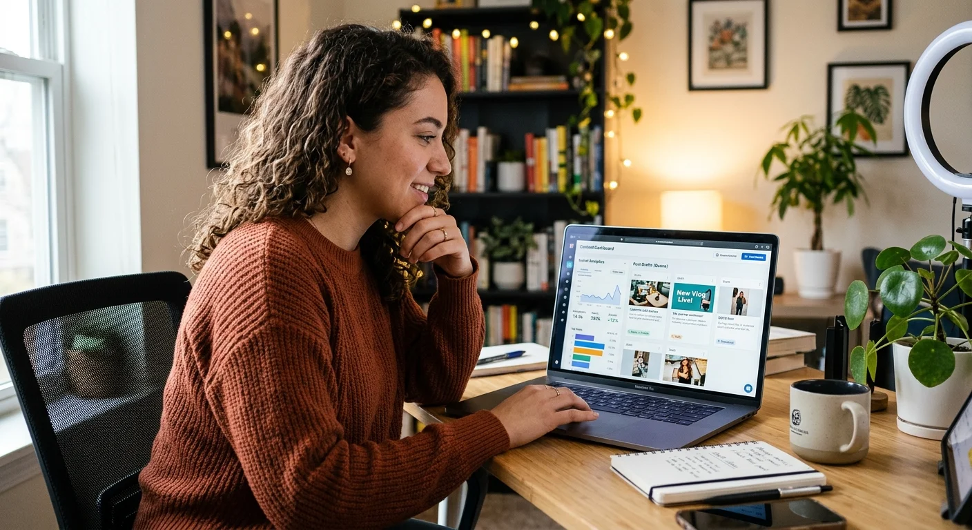 Content creator analyzing social media post performance and drafts on laptop