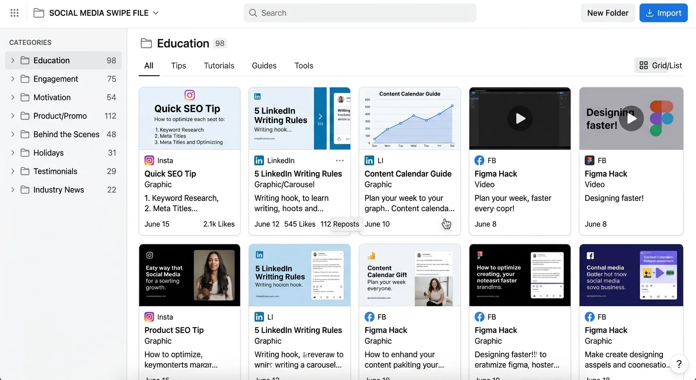 Digital swipe file with categorized high-performing social media post examples