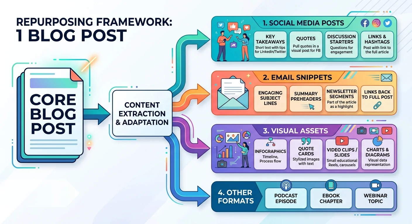 Content repurposing workflow diagram showing blog to multi-platform distribution