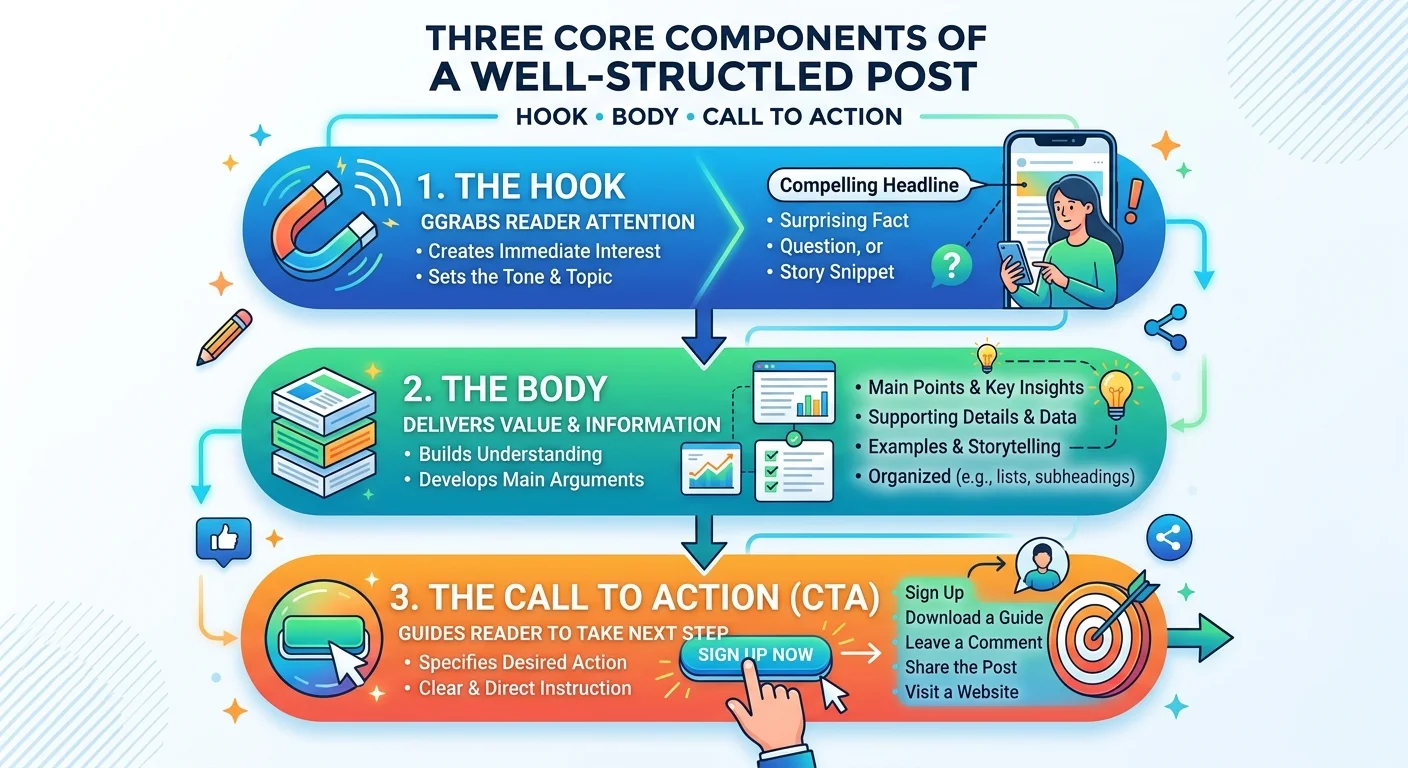 Post structure diagram showing hook body and call to action sections